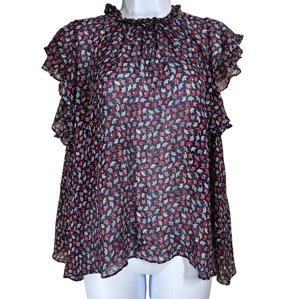 Shoshanna Juniper Floral Mock Neck Flutter Sleeve‎ 100% Silk Top Women's Large